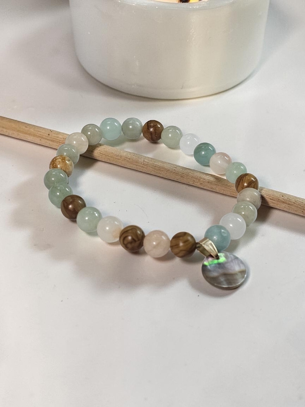 Multi-Stone Beaded Bracelet with Abalone Charm - Green and Brown
